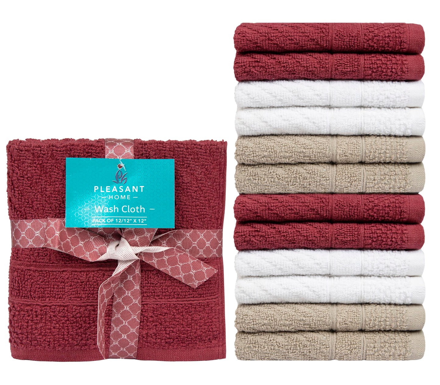 Pleasant Home Chevron Wash Cloths Set - 12 Pack (12” x 12”) – 509 GSM - 100% Ring Spun Cotton Wash Cloth - Super Soft and Highly Absorbent Face Towels (Maroon, White & Tan)