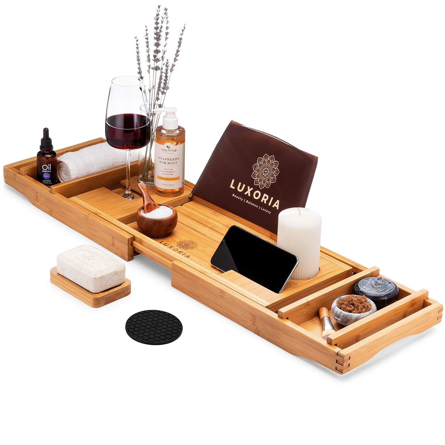 LUXORIA Expandable Bathtub Tray | Water Resistant Bamboo with Bath Accessories | Non-Slip, Luxury Bathroom Caddy Organizer for Tub with Glass Dish Phone Holder | Plus Free Soap Holder
