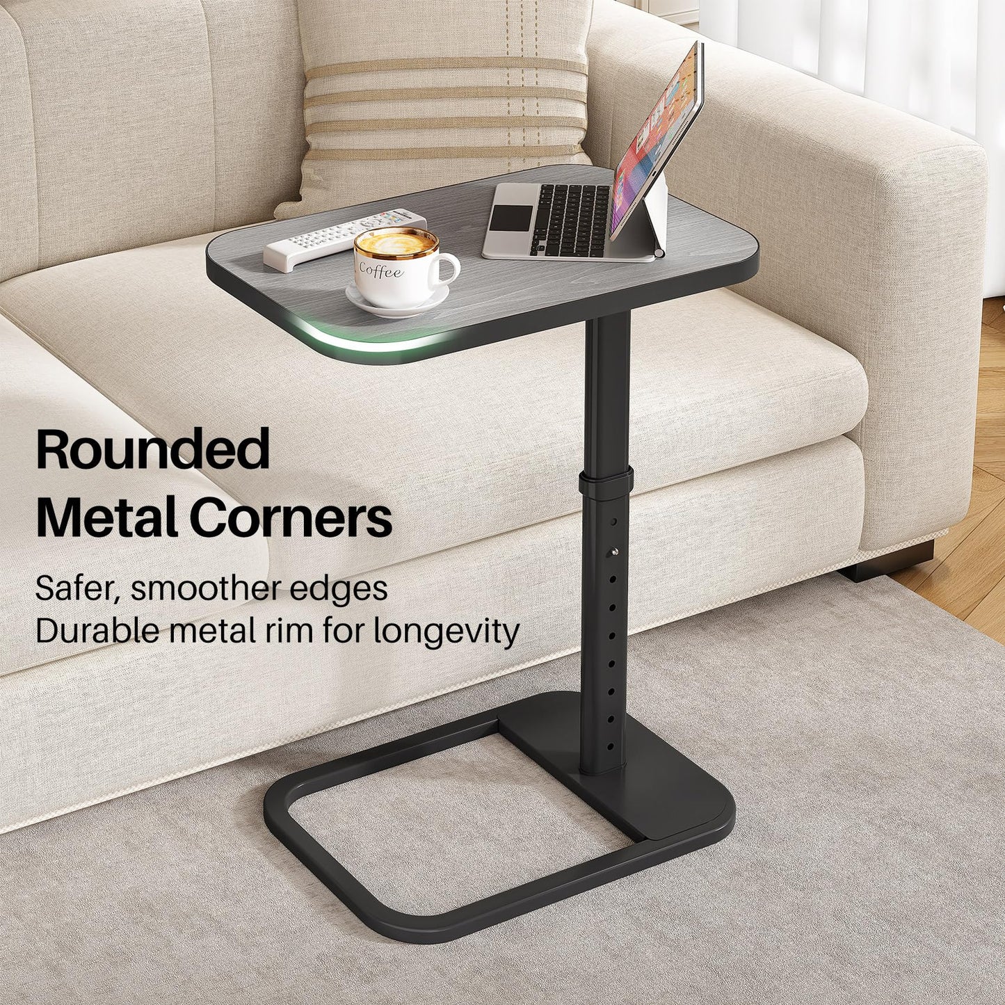 Kitstorack Upgraded TV Tray Table with Panel Lock, 90° Flip-Over Design & Adjustable Height, Sofa Arm Side Table for Eating, Laptop, Couch, Bed, or Small Spaces, Dark Gray