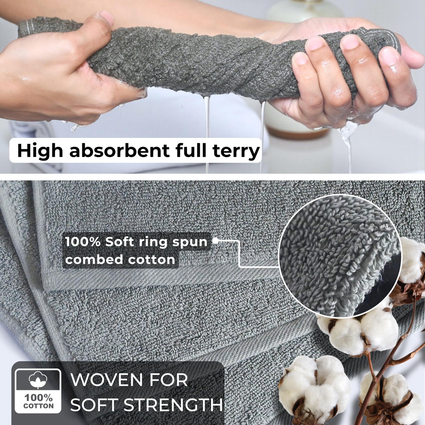 LIVINATI Thick Gray 100% Cotton Wash Cloths for Showering Body and Face - 12"X12" 6 Pack Washcloths - Small Terry Towel Bath Rags for Adults and Kids Bathroom - Soft Absorbent
