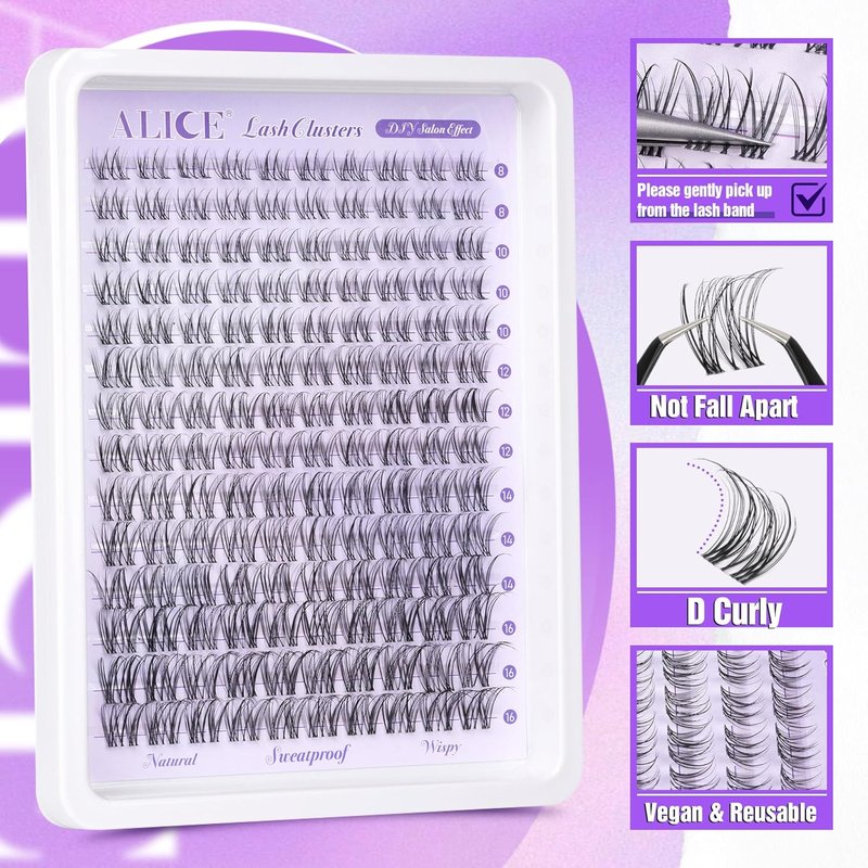 Natural D Curl Eyelash Extensions - Wispy Lash Clusters with Invisible Band | Waterproof 8-16mm DIY Individual Lashes