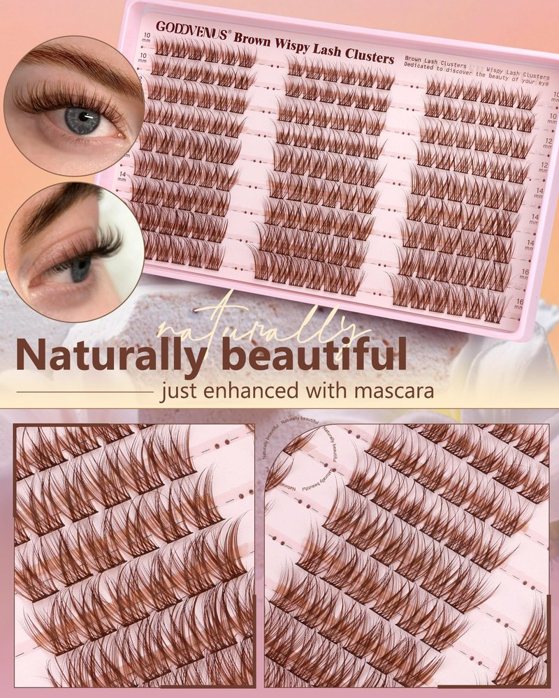 Goddvenus Brown Wispy Lash Clusters Kit Natural Cluster Eyelash Extensions Kit False Eyelashes Clusters Fluffy DIY Individual Lash Extensions Kit C Curl