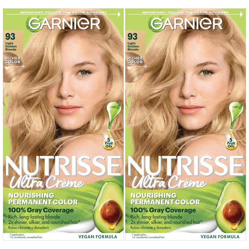 Garnier Nutrisse Ultra Crème Hair Color, Permanent Hair Dye with 100% Gray Coverage, Vegan & Cruelty-Free, 93 Light Golden Blonde (Honey Butter), 2 Count