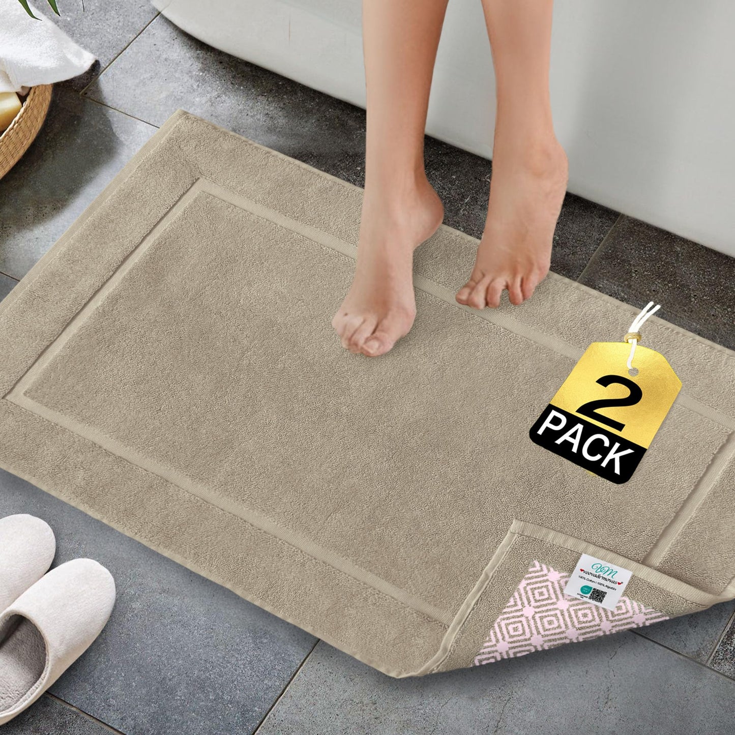 VOOVA & MOVAS Beige Frame 2-Piece Bath Runner Set (20"x36" Extra Long) - 982 GSM Hotel Style Cotton, Ultra Plush, Non-Slip & Machine Washable