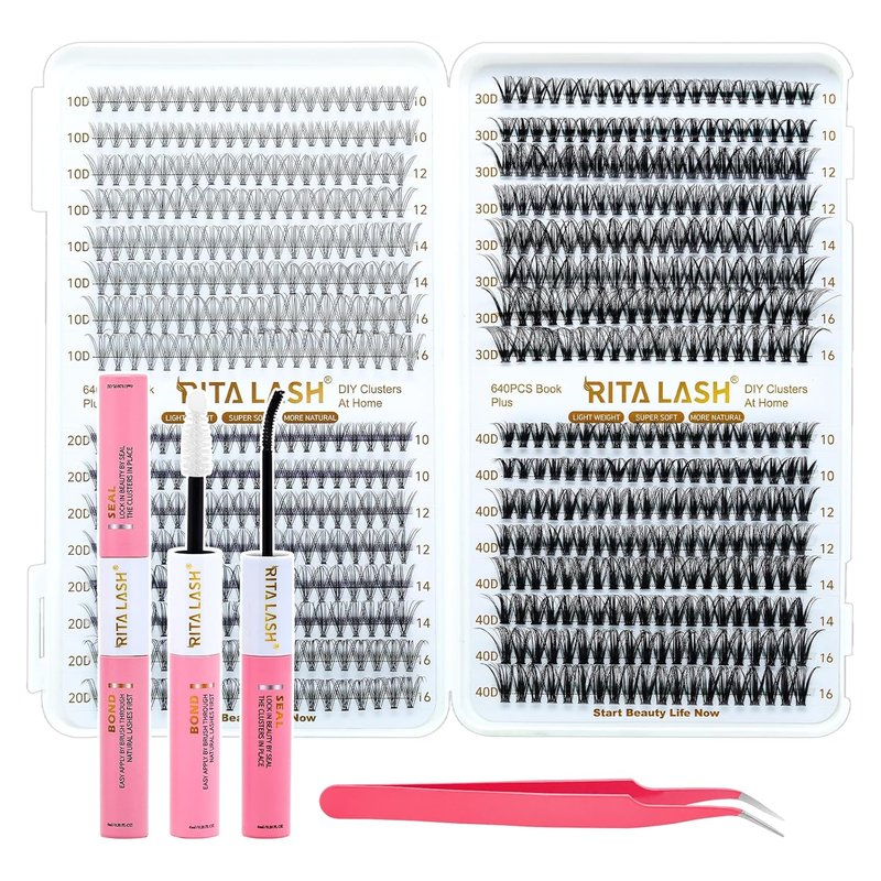 RITALASH Lash Extension Kit - 640pcs DIY Cluster Lashes with Bond & Seal | 10D-40D, 10-16mm Sizes