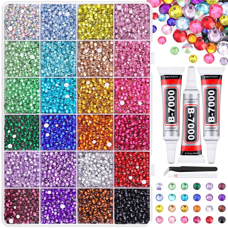 Resin Rhinestones for Bedazzling - 22000 Pcs Multicolor 2/3/4mm | Includes Tweezers & 3Pcs 10ml B7000 Glue for DIY Crafts