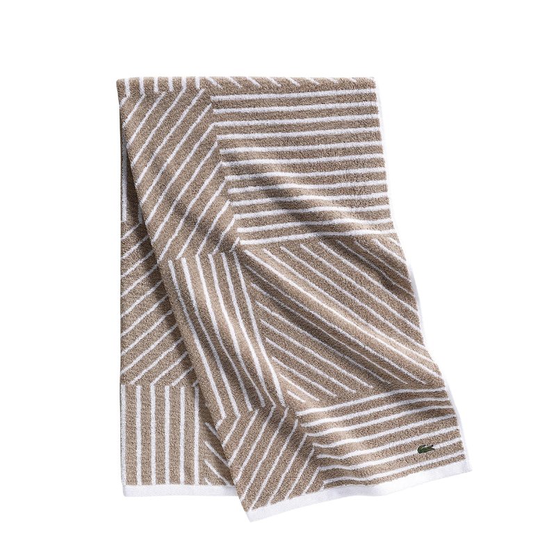 Lacoste Guethary Striped Towel – 100% Cotton, Reversible Modern Geometric Design, Soft & Absorbent, Durable & Lightweight, Machine Washable – Sand, 30"x54" Bath Towel