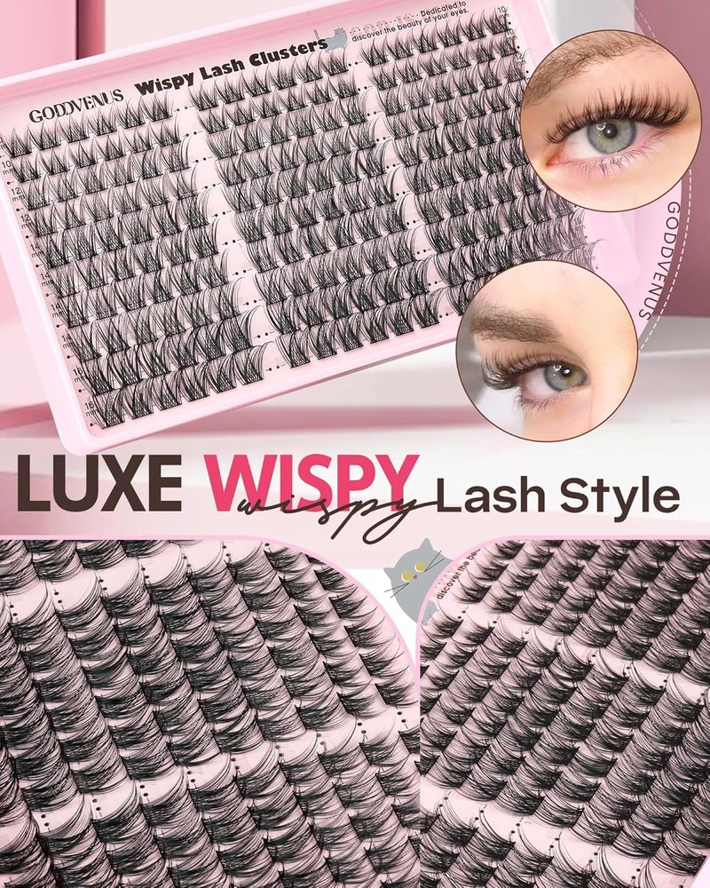 Goddvenus Lash Clusters Kit - Wispy DIY Eyelash Extensions | 180pcs C Curl 10-16mm Natural Look