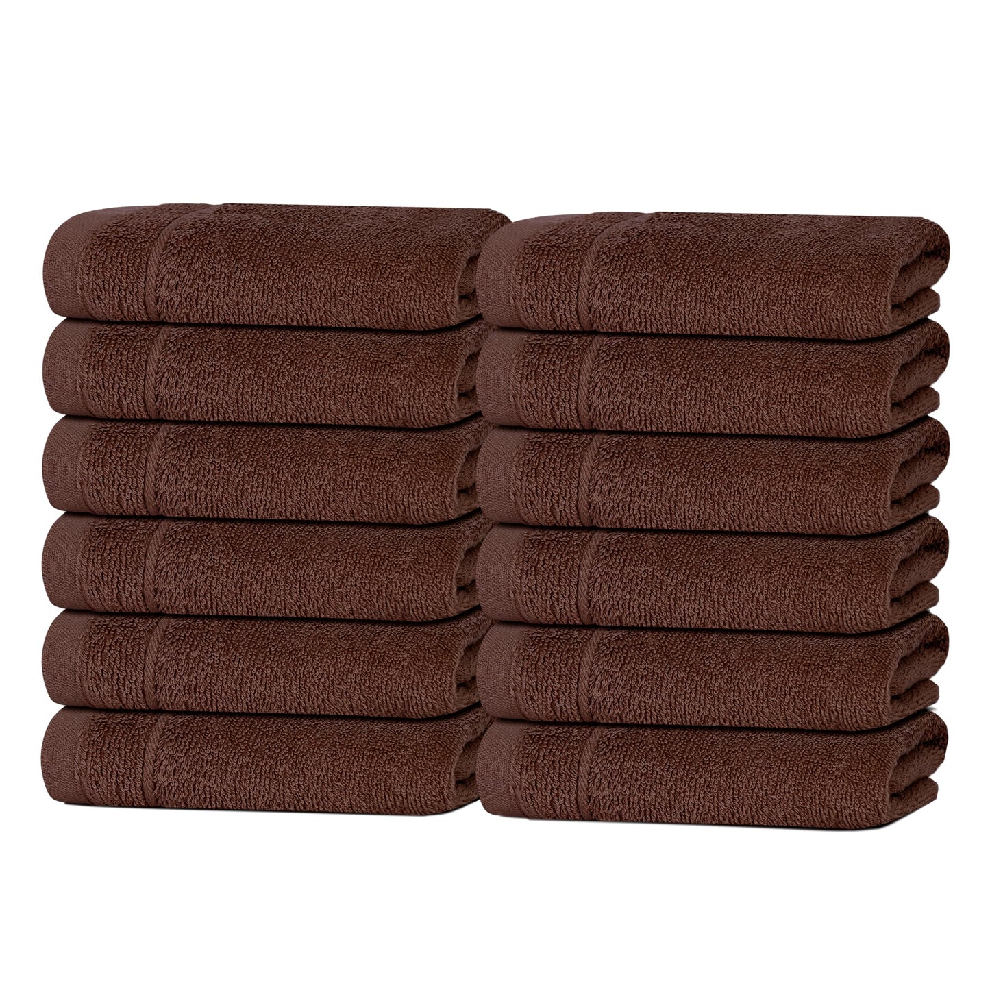 Tens Towels Pack of 12 Washcloths, 12 x 12 Inches, Lighter Weight, Quick to Dry, Super Soft & Absorbent, Gentle Face Towels, Hotel Quality, Perfect for Bathroom, Gym, Spa (Brown, 12 Pack)