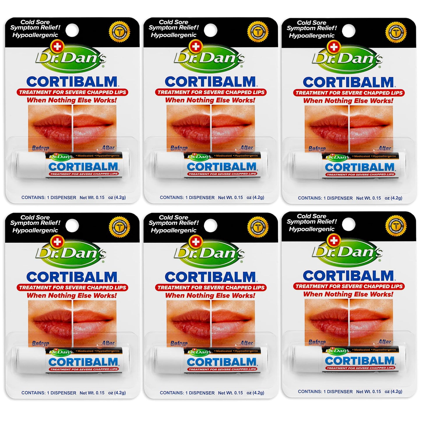 Dr. Dan's Cortibalm- 6 Pack - for Dry Cracked Lips - Healing Lip Balm for Severely Chapped Lips - Designed for Men, Women and Children