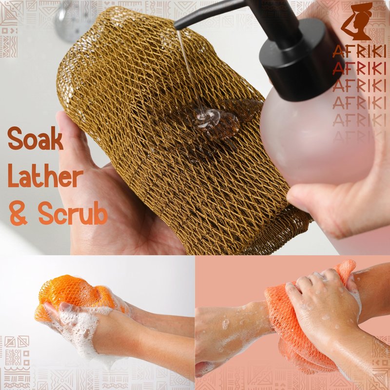 African Net Sponge, Premium Authentic Exfoliating Body Scrubber, Extra Long Stretch Bath Sponge for Shower, Deep Exfoliating Washcloth for Smooth Skin, 1 Pack (Rust)