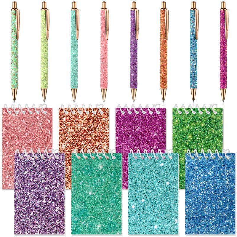 Sherr 16 Pcs Glitter Pens and Notebooks Set Mini Spiral Notepads Fancy Pens for Kids Girls Women Sparkly Sequins Journaling Ballpoint Christmas Birthday Gift Classroom Rewards(Classic Color)