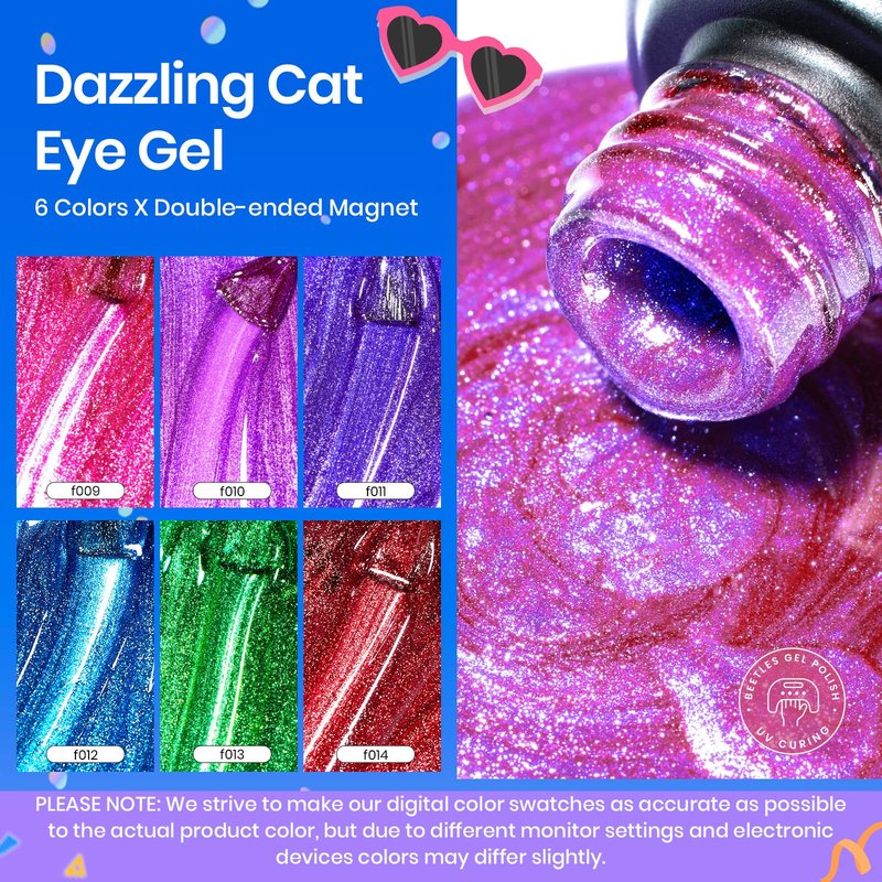 Beetles Cat Eye Gel Nail Polish, 6 Colors Cat Eye Glitter Gel Polish Set Neon Red Pink Purple Blue Green with Magnet Velvet Gel Kit Soak Off UV French Nail Art Manicure Spring Gift for Women