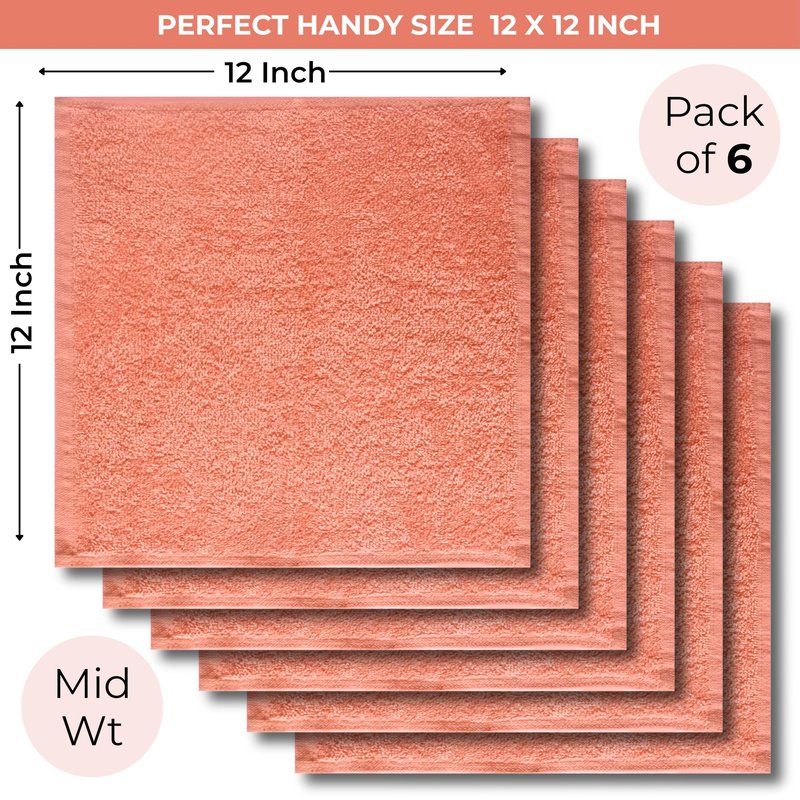 LIVINATI Peach 100% Cotton Wash Cloths for Showering Body and Face - 12"X12" 6 Pack Washcloths - Small Terry Towel Bath Rags for Adults and Kids Bathroom - Soft Absorbent