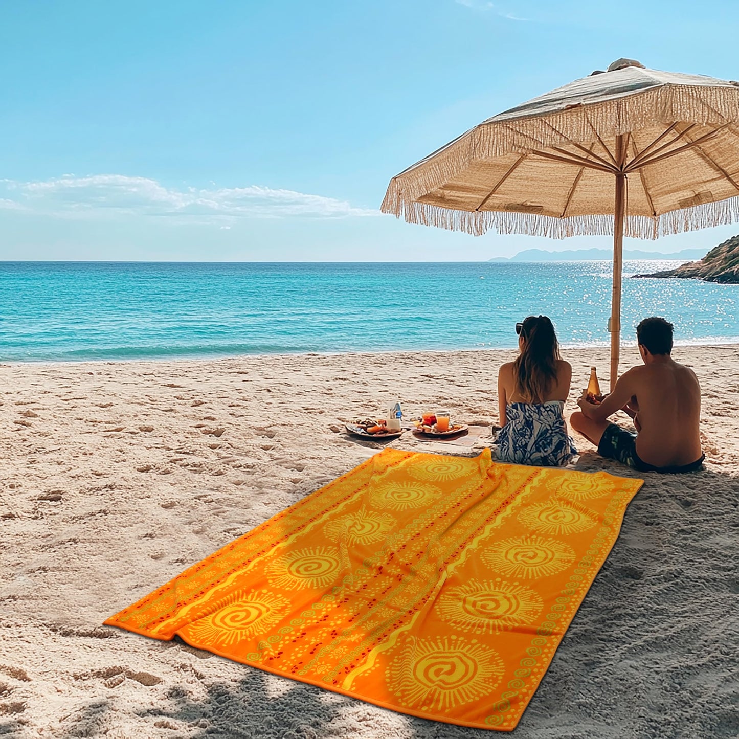 COTTON CRAFT Oversized Beach Towel for Two - 58x68 - Pure Cotton Jacquard Velour Extra Wide XL Beach Blanket Towel - Big & Huge Pool Bath 450 GSM Thick Plush Super Soft Luxury - Sunshine Orange Yellow
