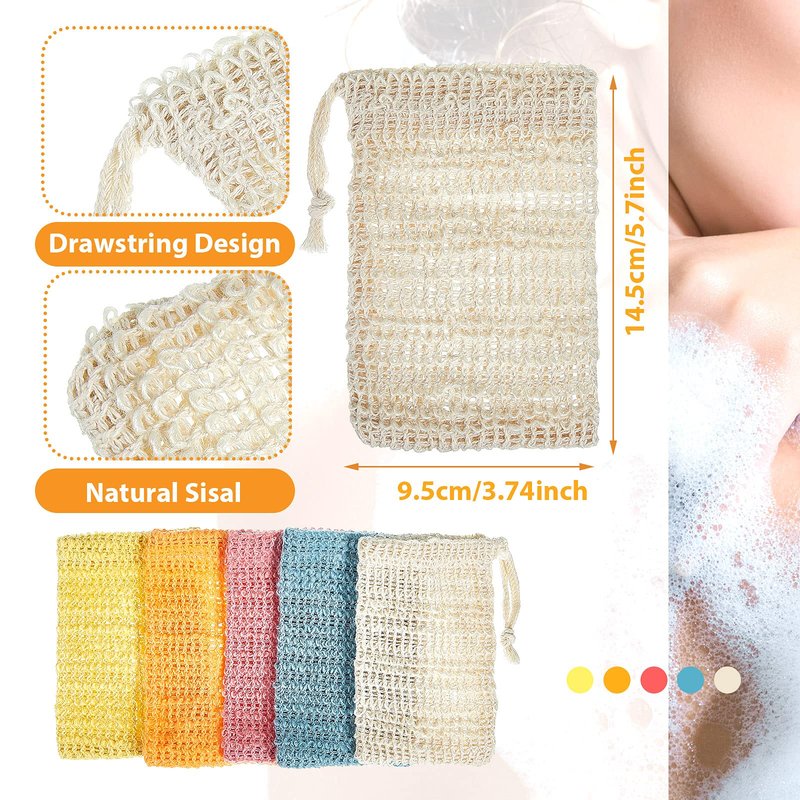 BBTO 5 Pieces Soap Saver Bag Cotton Linen Exfoliating Soap Pouch for Foaming and Drying, Shower, Scrubber(9 x 14 cm,White, Pink, Blue, Yellow, Orange)