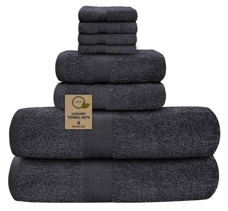 Softolle Luxury 8 Piece Towel Set, 2 Bath Towels 2 Hand Towels 4 Washcloths, Towels for Bathroom, Home, Spa & Gym - Highly Absorbent Ultra Soft Quick-Dry (Grey)