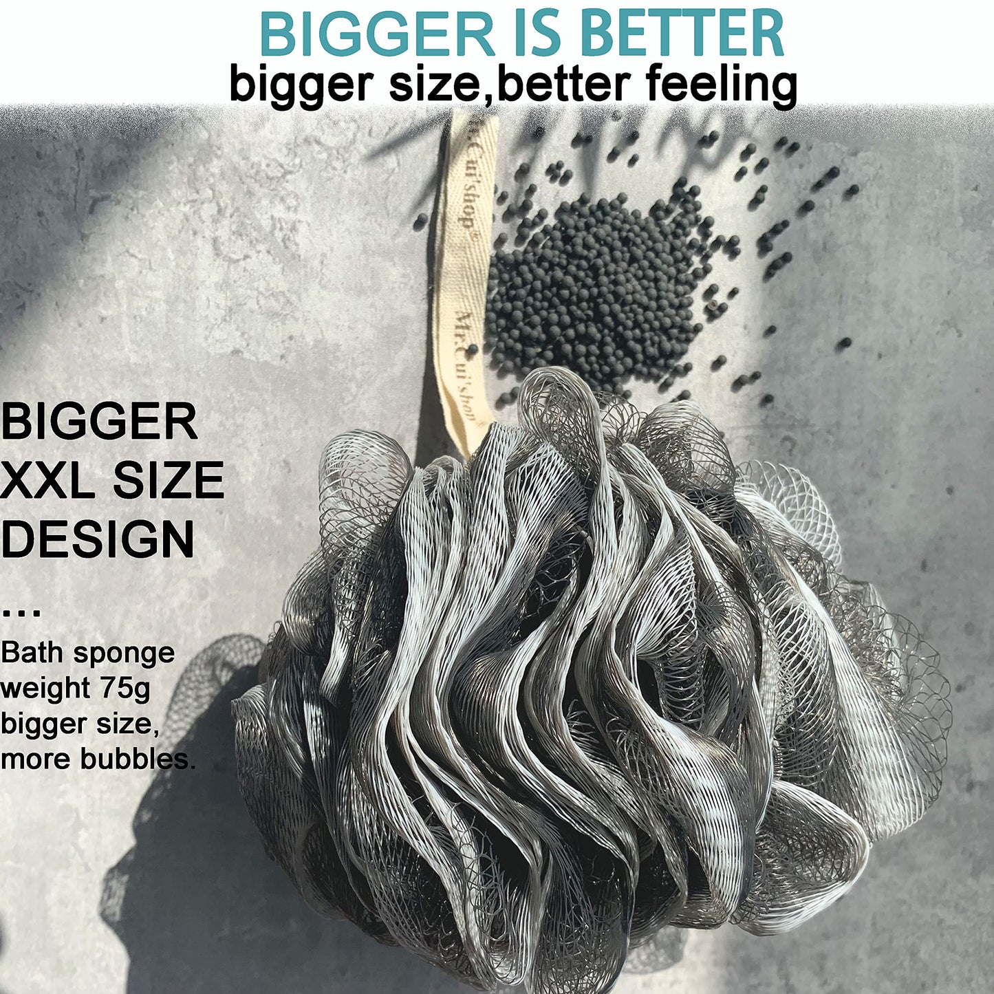 4 Pack（ XL 75G ） Charcoal Exfoliating Home Spa Loofah Shower Sponge Pouf Mesh Brush - Bath Spa Puff Scrubber Ball - Face Body Poof - Rich Foams Bubble