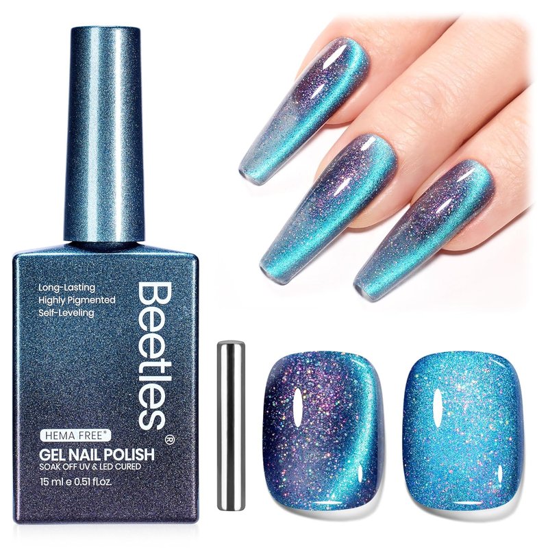 Beetles Cat Eye Gel Nail Polish - 15ML Full Size 9D Cat Eye Chameleon Blue Glitter Gel Polish Magnetic Shimmer Effect Soak Off UV DIY Holo Blue Dream Manicure Gift for Women
