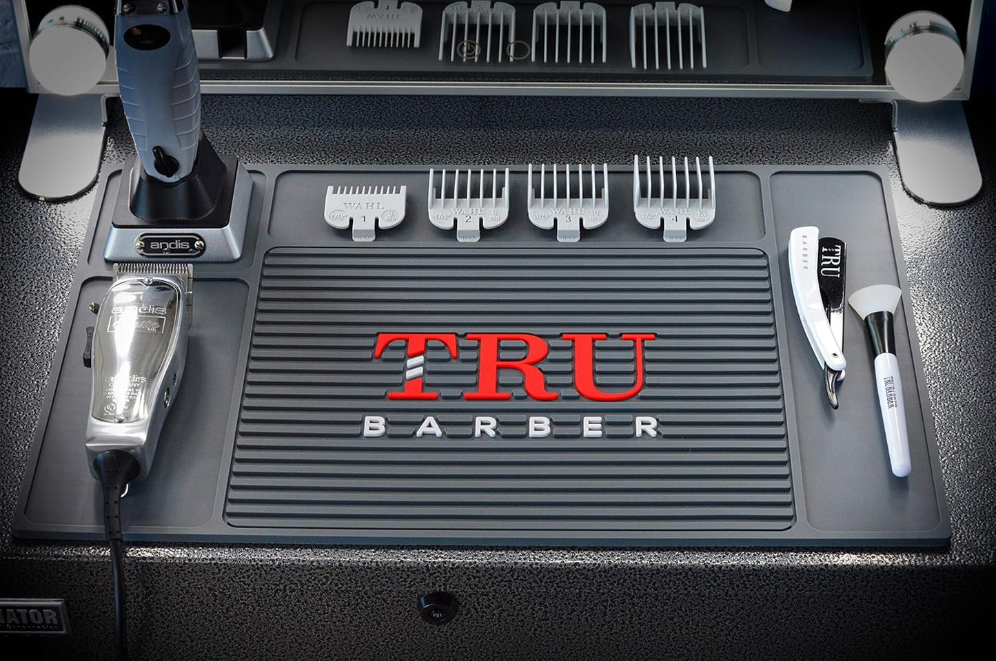 TRU BARBER Organizer Mat - 18" X 13" Charcoal Grey PVC Station Pad | Flexible, Anti-Slip Design for Salons