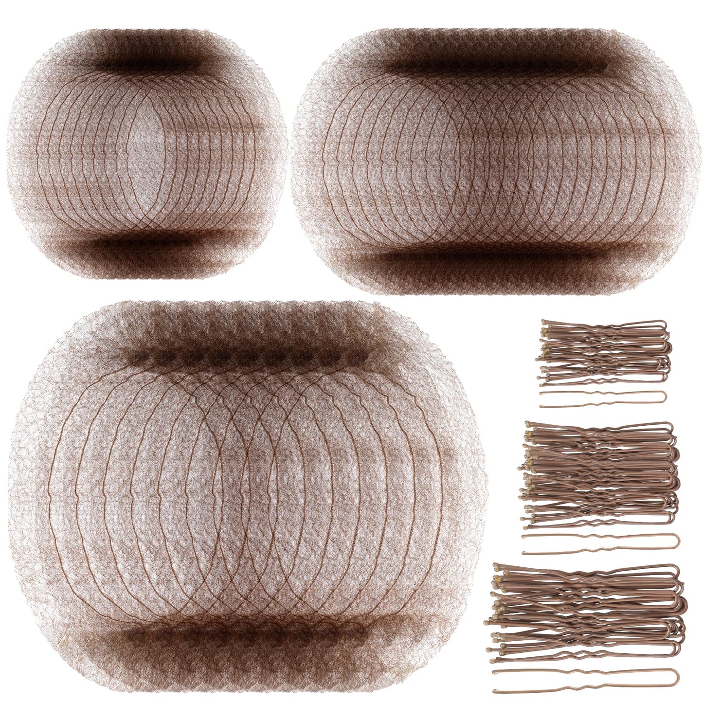 Teenitor Hair Nets For Buns, 3 Sizes Hair Bun Nets For Ballet Girls(12, 20, 28 Inch), 80pcs U Shape Bobby Pins and 40pcs Hairnets For Dance Buns Maker, Tan Brown