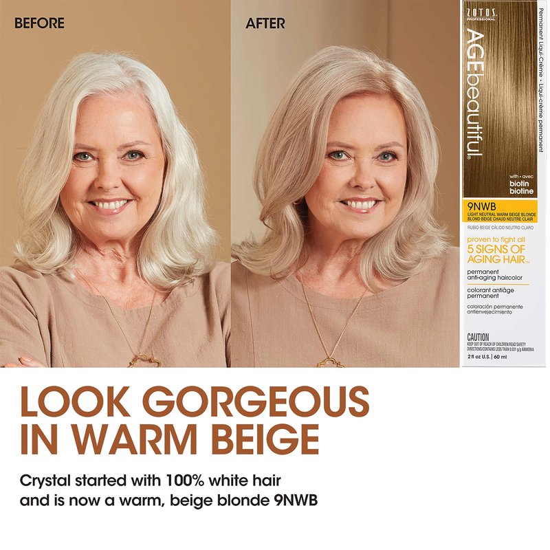 AGE beautiful Permanent Hair Color Dye Liqui Creme | 100% Gray Coverage | Anti-Aging Haircolor | Biotin for Thicker, Fuller Hair | Professional Salon Coloring | 9NWB Light Neutral Warm Beige Blonde