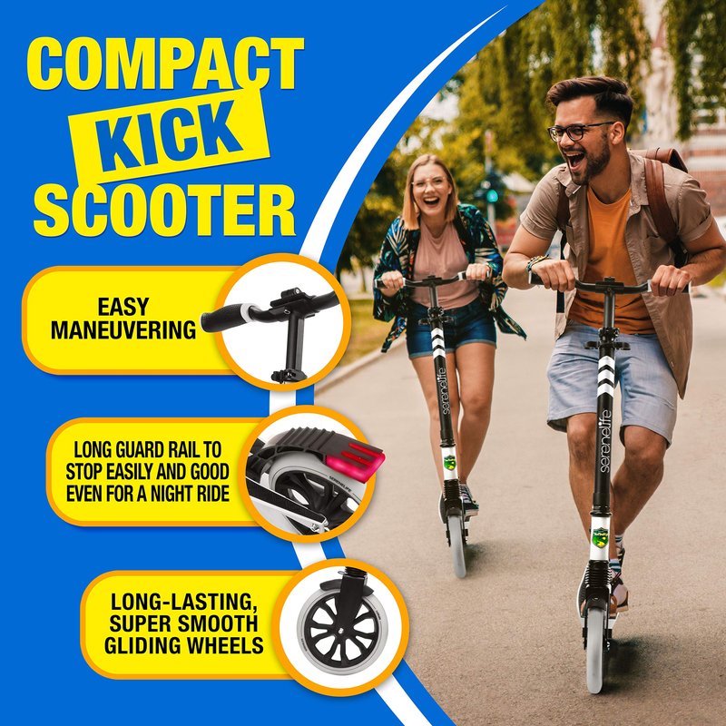 SereneLife Foldable Kick Scooter - Stand Kick Scooter for Teens & Adults with Rubber Grip at Tip, Alloy Deck, Adjustable T-Bar Handlebar Height, Smooth Gliding Wheels, Easy Maneuvering (Black & White)