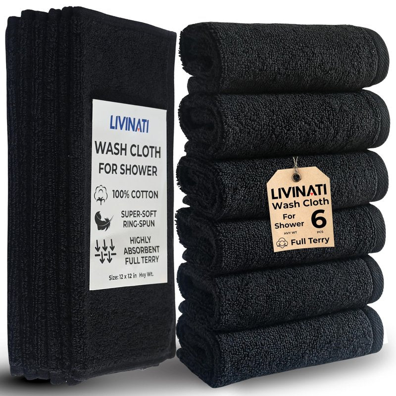 LIVINATI Thick Black 100% Cotton Wash Cloths for Showering Body and Face - 12"X12" 6 Pack Washcloths - Small Terry Towel Bath Rags for Adults and Kids Bathroom - Soft Absorbent