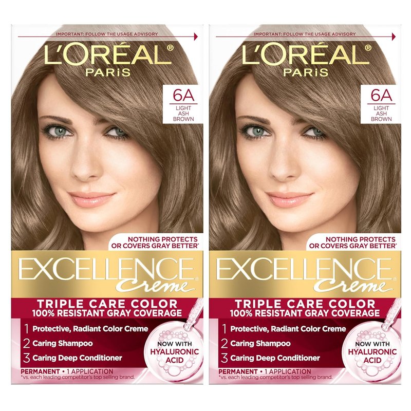 L'Oreal Paris Hair Dye - Excellence Crème Permanent Color with Hyaluronic Acid for 100% Gray Coverage | 6A Light Ash Brown, 2 Kits