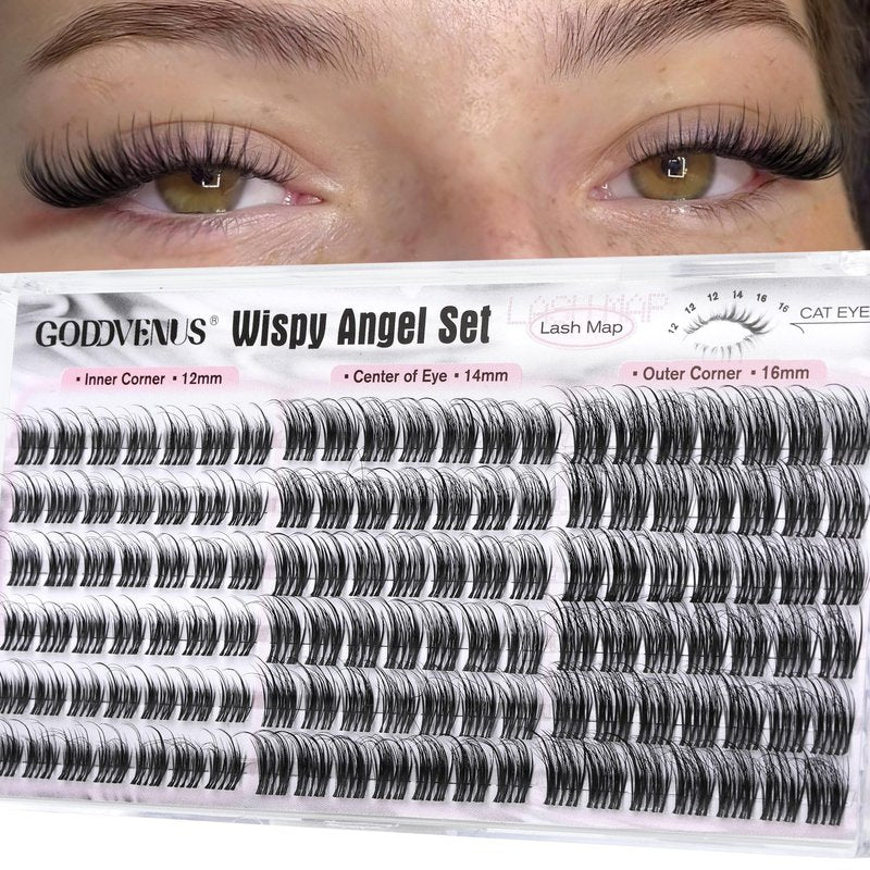 Goddvenus Wispy Natural Lash Clusters 12-14-16mm CC Curl DIY Cluster Eyelash Extensions for Clean Makeup, Individual False Eyelashes Cat Eye Lash Clusters