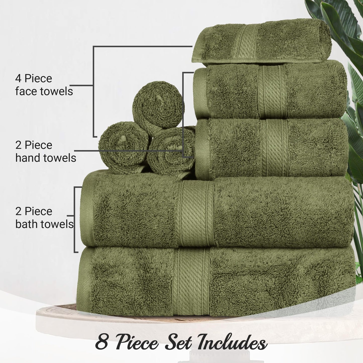 Superior Egyptian Cotton Pile 8 Piece Towel Set, Includes 2 Bath, 2 Hand, 4 Face Towels/ Washcloths, Ultra Soft Luxury Towels, Thick Plush Essentials, Guest Bath, Spa, Hotel Bathroom, Forest Green