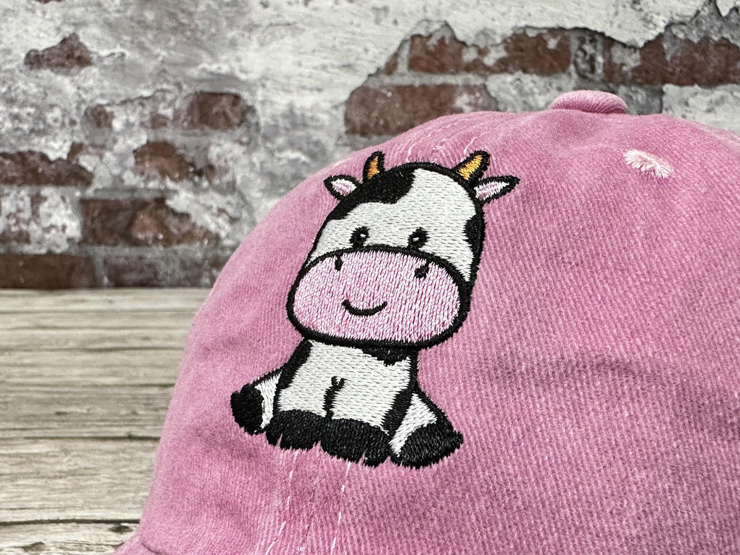 Hepandy Embroidered Cute Cow Hat for Girl, Washed Pink Baseball Cap for Kids, Embroidery Adjustable Trucker Hats for Child
