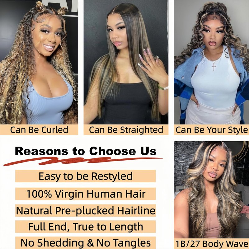 30 Inch Ombre Highlight Lace Front Wig Human Hair Pre Plucked 13x4 HD Transparent 1B/27 ombre lace front wig Body Wave HD Lace Frontal Wigs Human Hair With Baby Hair Transparent 180% Density for Women