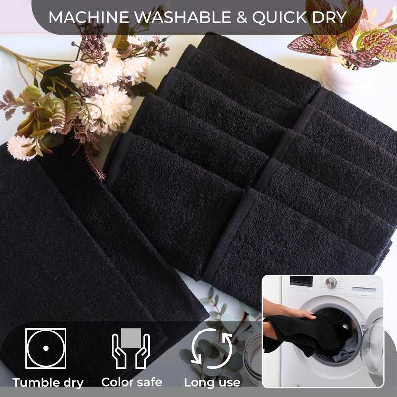 LIVINATI Black 100% Cotton Wash Cloths for Showering Body and Face - 12"X12" 12 Pack Washcloths - Small Terry Towel Bath Rags for Adults and Kids Bathroom - Soft Absorbent