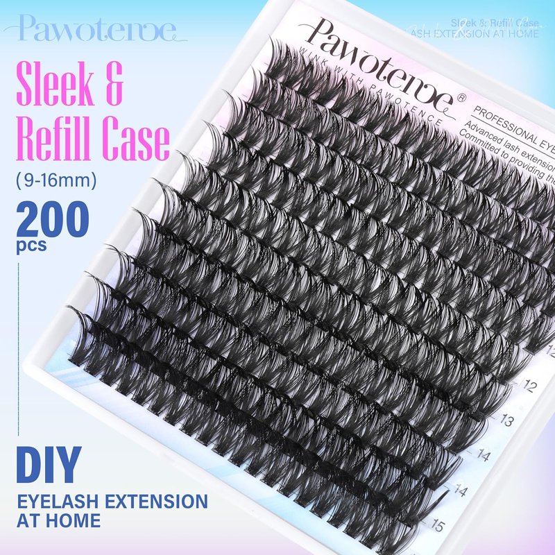 Pawotence Lash Clusters - 200pcs 50D Individual Eyelash Extensions | Self-Application 9-16mm