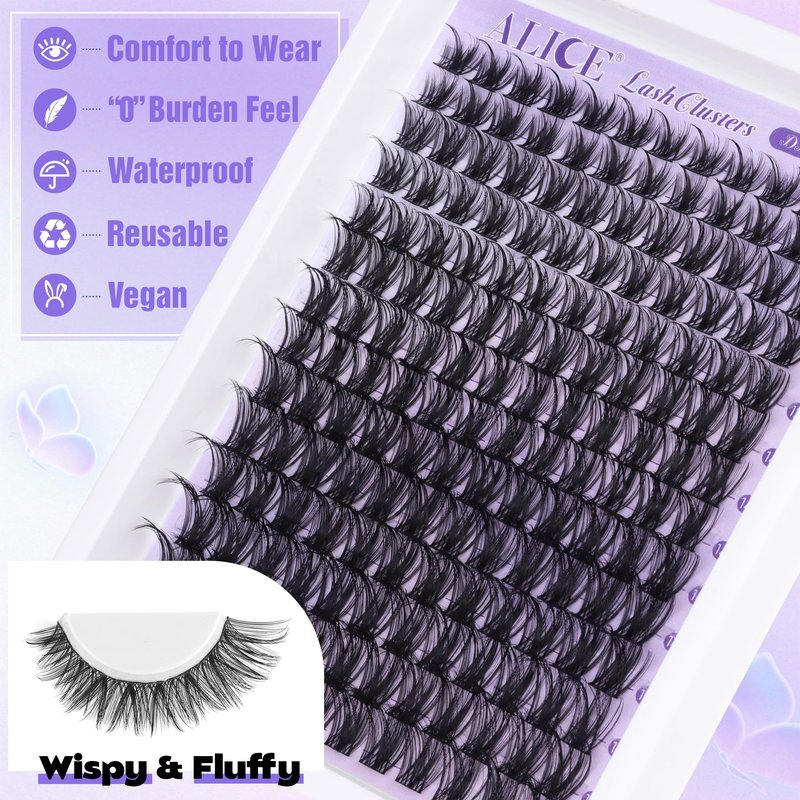 ALICE Lash Clsusters Kit Wispy Eyelash Clusters Kit Cluster 10-18mm Natural Eyelash Extension Kit 168pcs Thin Band Individual Lashes Kit with Lash Glue Bond and Seal DIY at Home