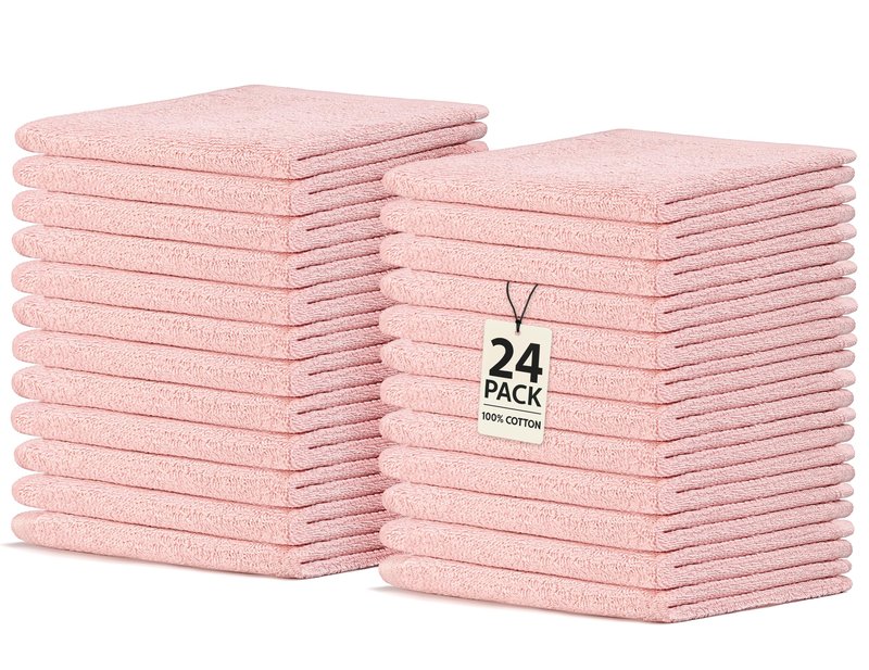 Crystal Ridge Cotton Wash Cloths 24 Pack - Washcloths for Showering, Face and Body, Soft and Highly Absorbent Multipurpose Towels for Bathroom, Kitchen, Spa and Gym - Wash Rags 12 x12 (Lt Pink)