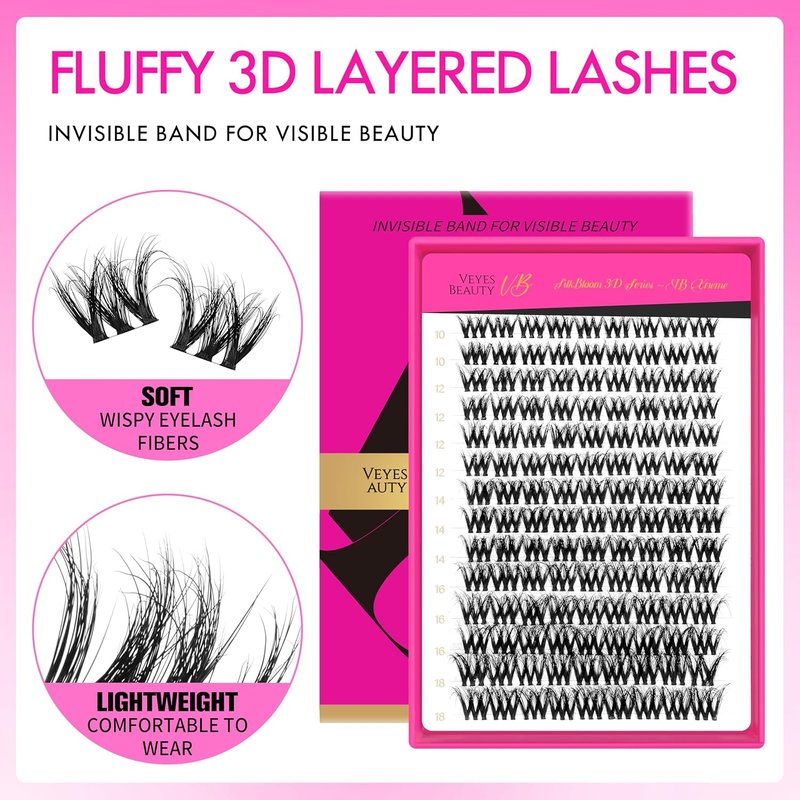 Lash Clusters - Fluffy Individual 3D Layered Volume Eyelashes | Thin & Invisible Band, Mixed Length 10-18mm