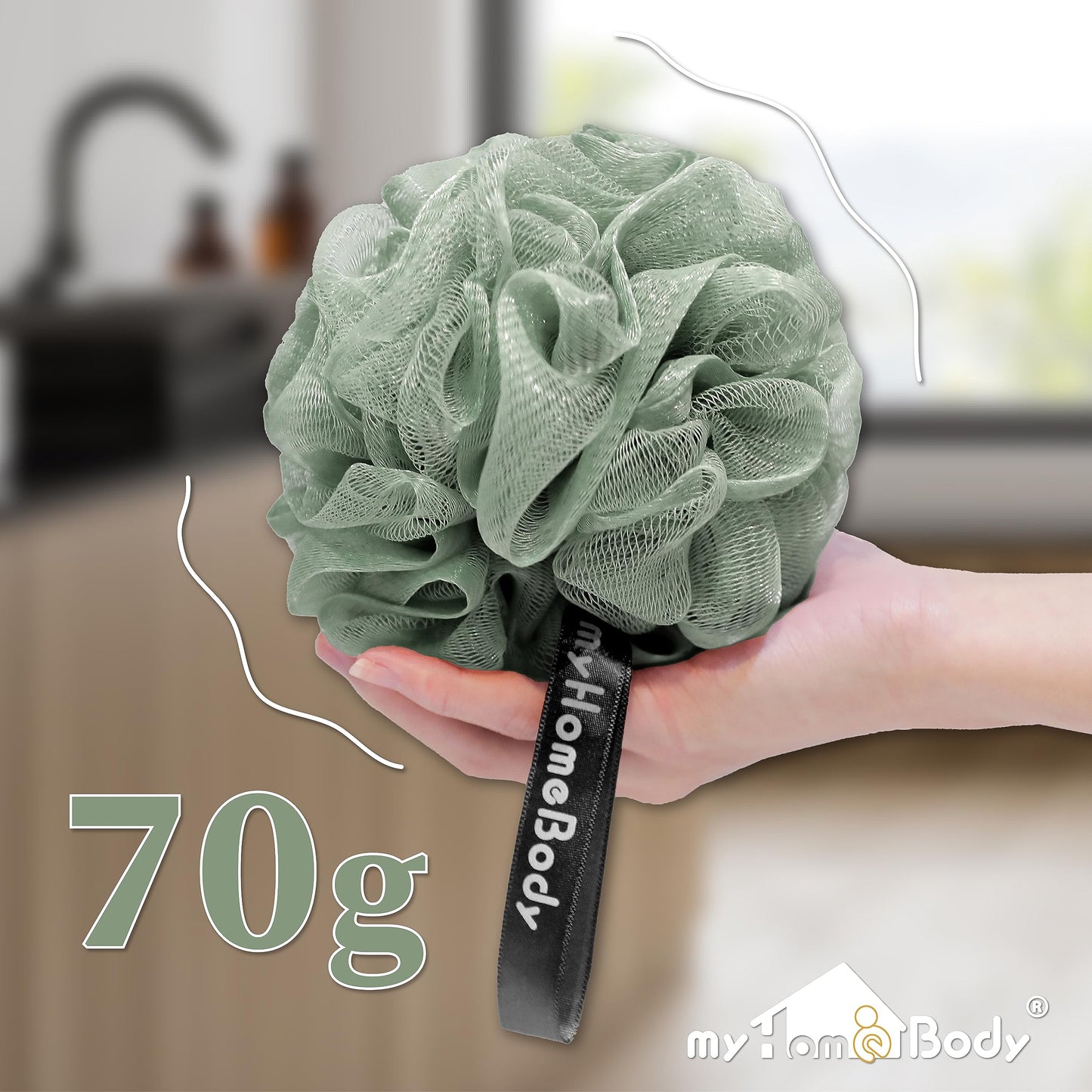 myHomeBody Large 70g Loofah Sponge, Body Scrubber, Bath Sponge, Loofah for Women, Men, Exfoliating Sponge Shower Pouf with Activated Charcoal - 3 Pack, 2 Sage Green + 1 Graphite Gray
