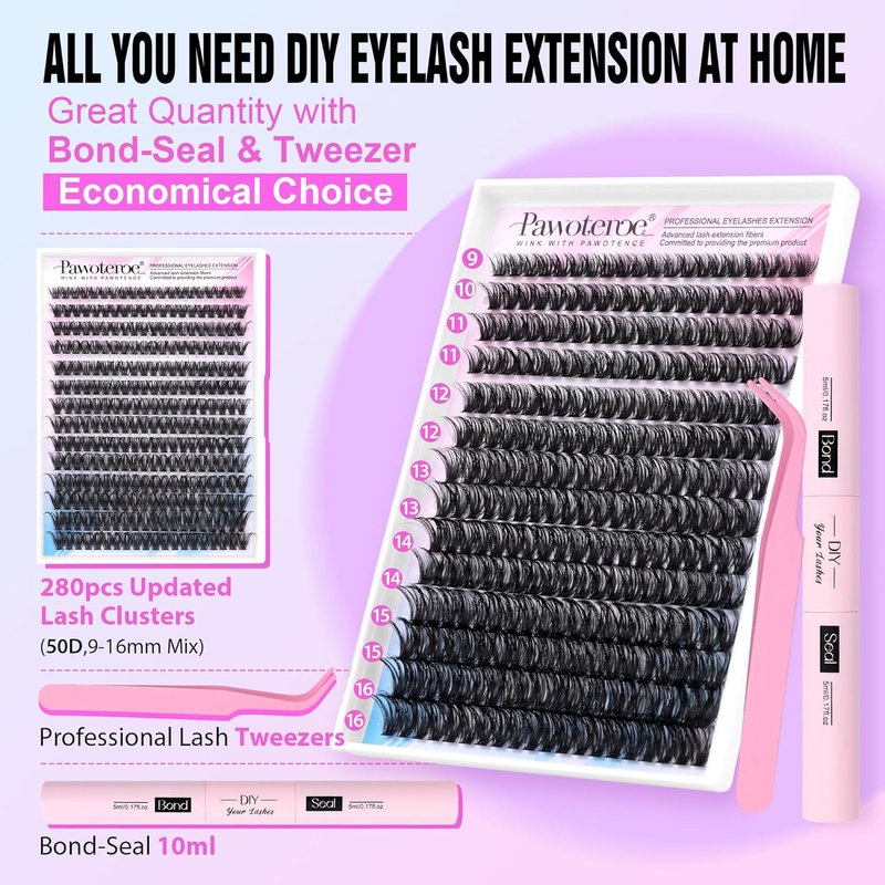 Lash Extension Kit - 280pcs Individual Lash Clusters 50D | 9-16mm with Bond, Seal & Tweezers for DIY Application