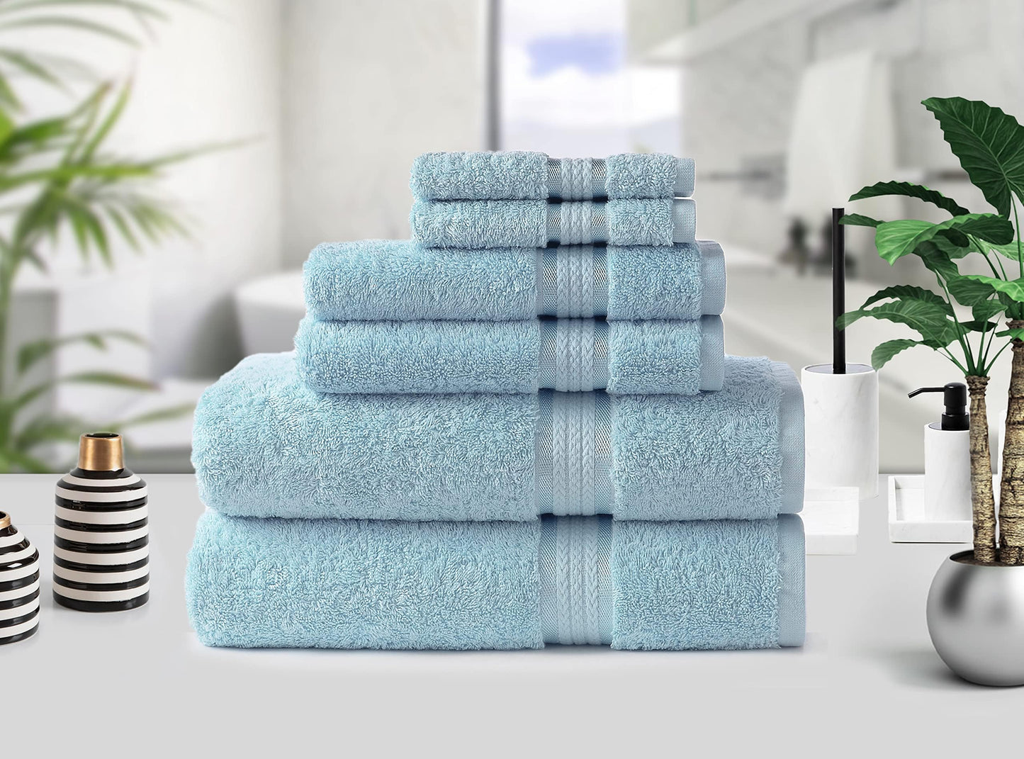 COTTON CRAFT Ultra Soft 6 Piece Towel Set - 2 Large Bath Towels, 2 Hand Towels, 2 Washcloths - Absorbent 580 GSM Quick Dry Everyday Luxury Hotel Bathroom Spa Gym Shower Pool - 100% Cotton - Light Blue