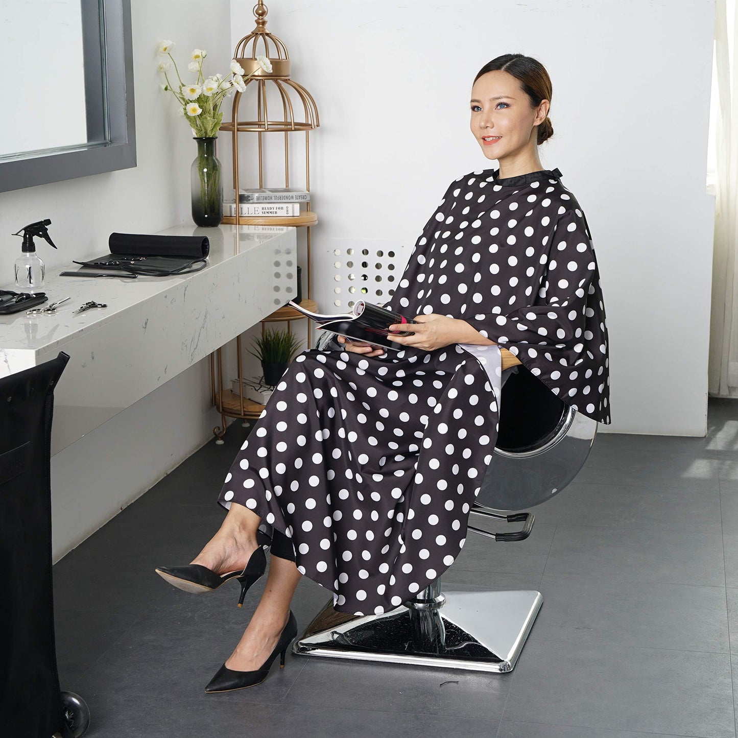 SMARTHAIR Professional Salon Cape Polyester Barber Cape Hair Cutting Cape,54"x62",Black and White Dots,C375001C