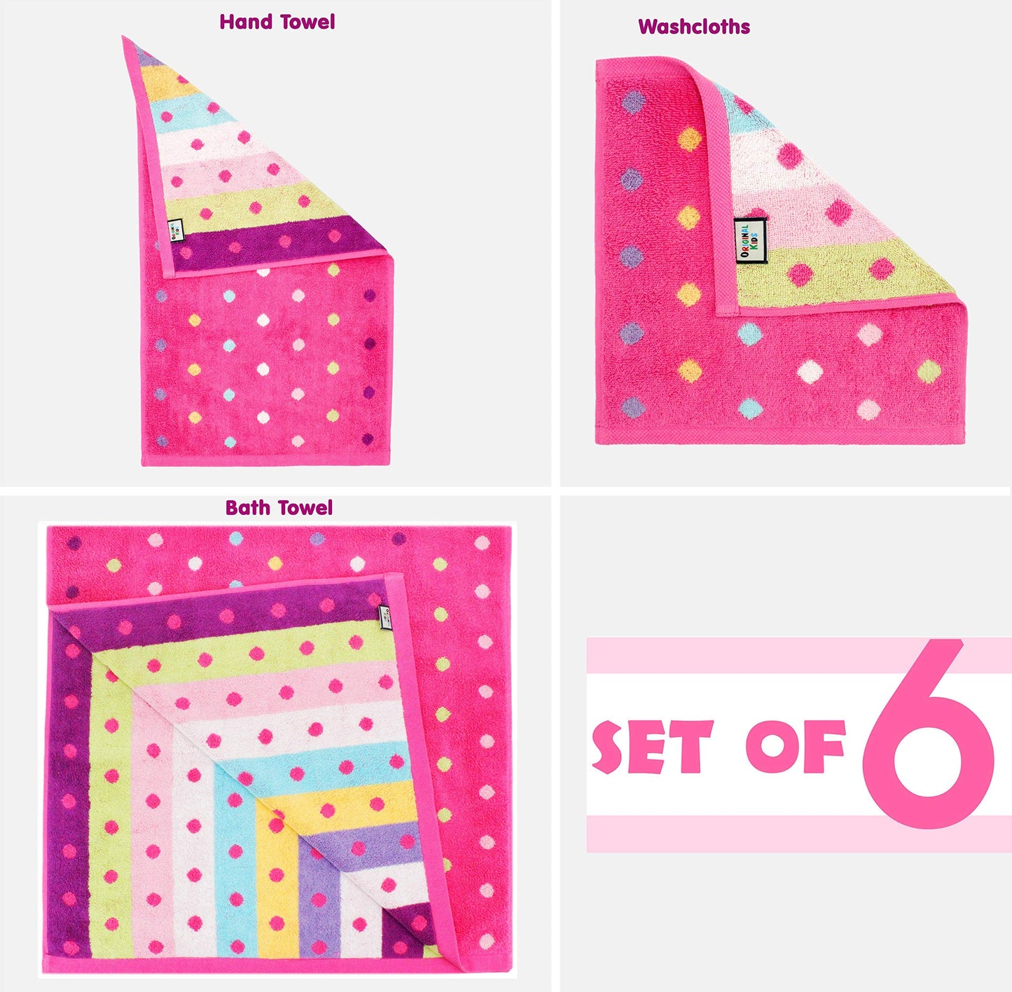 ORIGINAL KIDS 6 Piece Towel Set - Bath Time Sugar & Spice - 2 Towels, 2 Hand Towels, 2 Washcloths - 100% Cotton Jacquard Soft Absorbent Pool Beach Towel Gift - Pink Multicolor