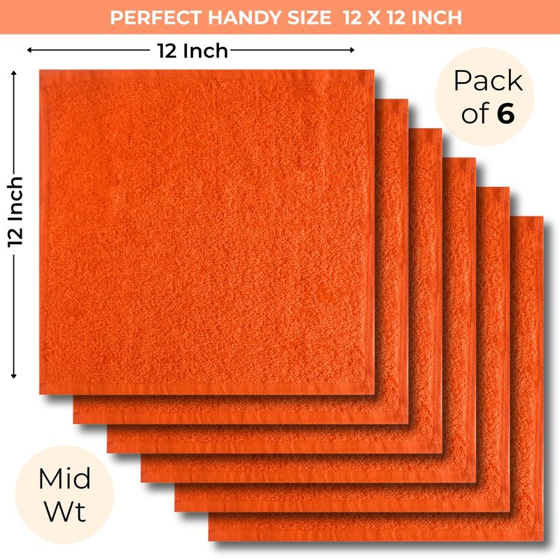 LIVINATI Orange 100% Cotton Wash Cloths for Showering Body and Face - 12"X12" 6 Pack Washcloths - Small Terry Towel Bath Rags for Adults and Kids Bathroom - Soft Absorbent