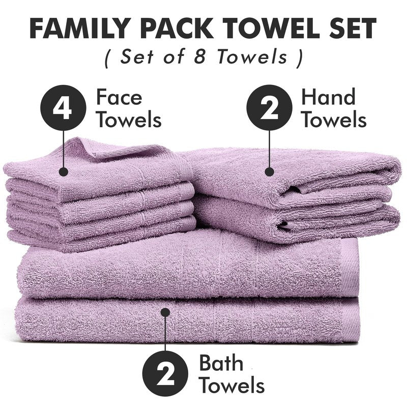 Bath Towels Set of 8 – 100% Ring Spun Cotton (Lilac) Bathroom Towel Set Bale Includes 2 Bath, 2 Hand, 4 Face Towels – 550 GSM Soft, Absorbent & Quick Dry Towel for Bathroom, Spa, Kitchen, Hotel Use