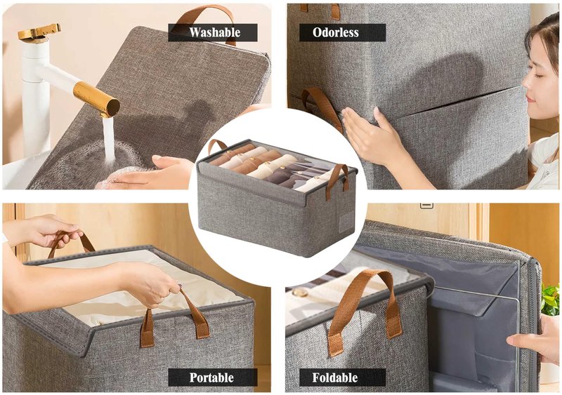 AARAINBOW Closet Clothes Organizer Bins 6 Pc, Fabric Box Storage Shelf Bins Stackable, Foldable Closet Shelf Storage Container with Lid, Fabric Storage Bin with Steel Frame, 23L (6 Gray with Lid)