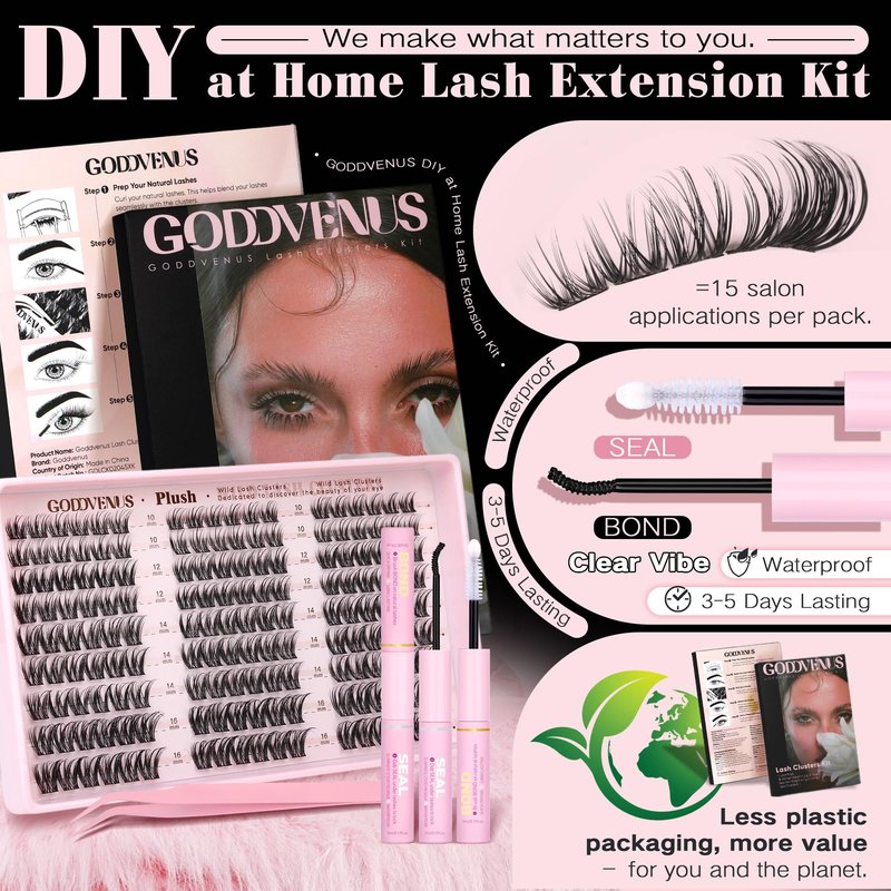 Goddvenus Plush Lash Clusters Kit, Natural Wispy Cluster Eyelash Extensions, Fluffy DIY Lash Extension at Home for Natural Look, D Curl Individual Lashes Kit with Waterproof Bond and Seal
