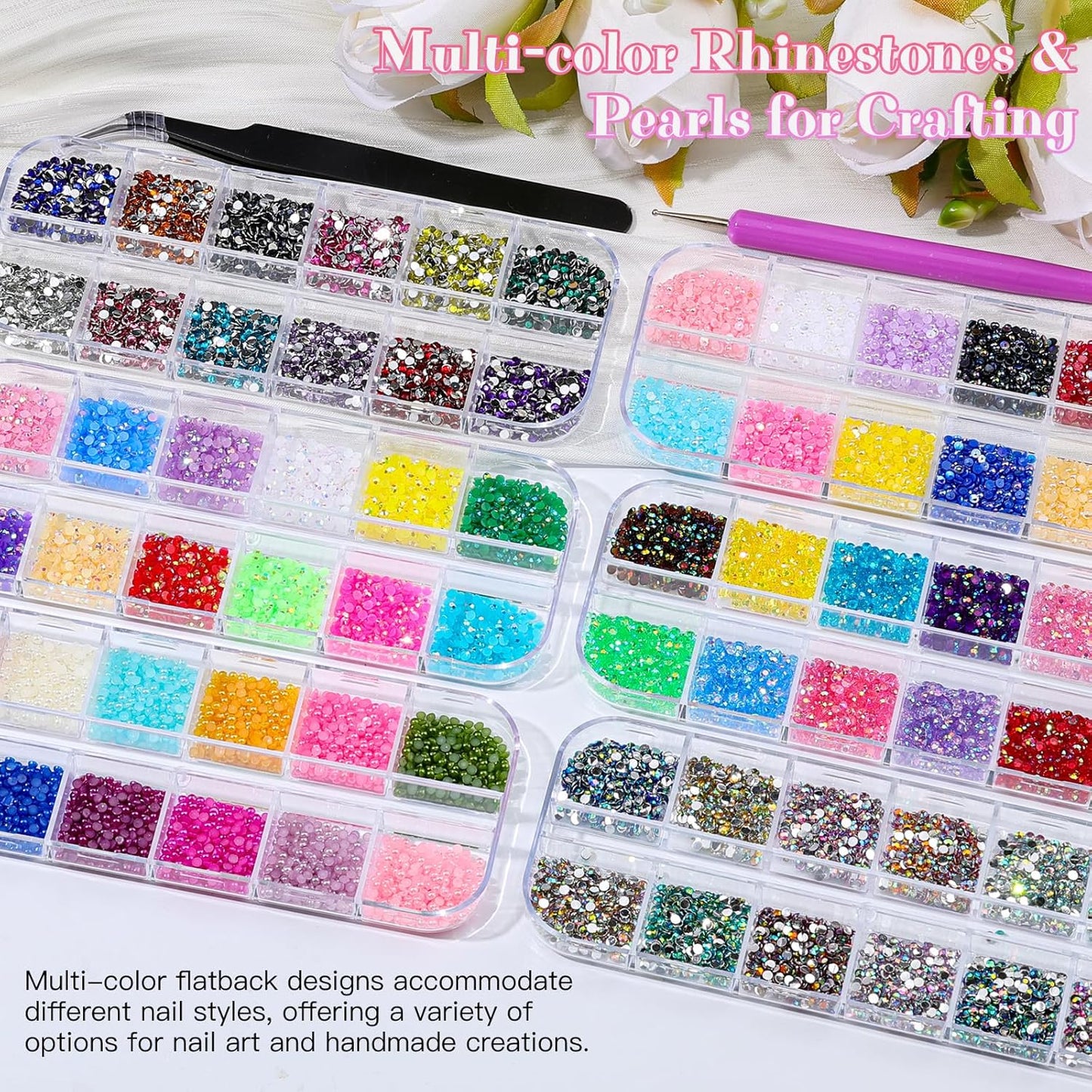 Skiennix Nail Art Rhinestones Kit - 6 Boxes of 2mm Mixed-Color Flatback Pearls with Tweezers & Brush