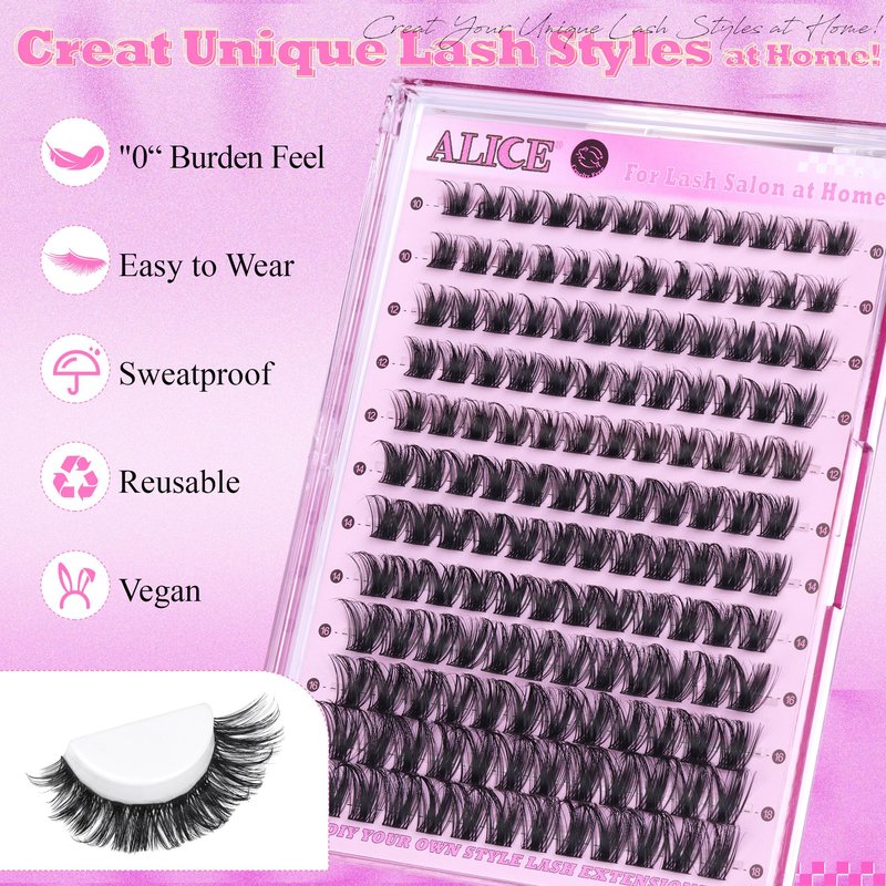 ALICE Lash Clusters Eyelash Clusters Wispy Cluster Eyelash Extensions Russian Volume Individual Lashes Natural Thin Band Lash Extensions DIY at Home (144pcs/10-18mm/D- Curly)