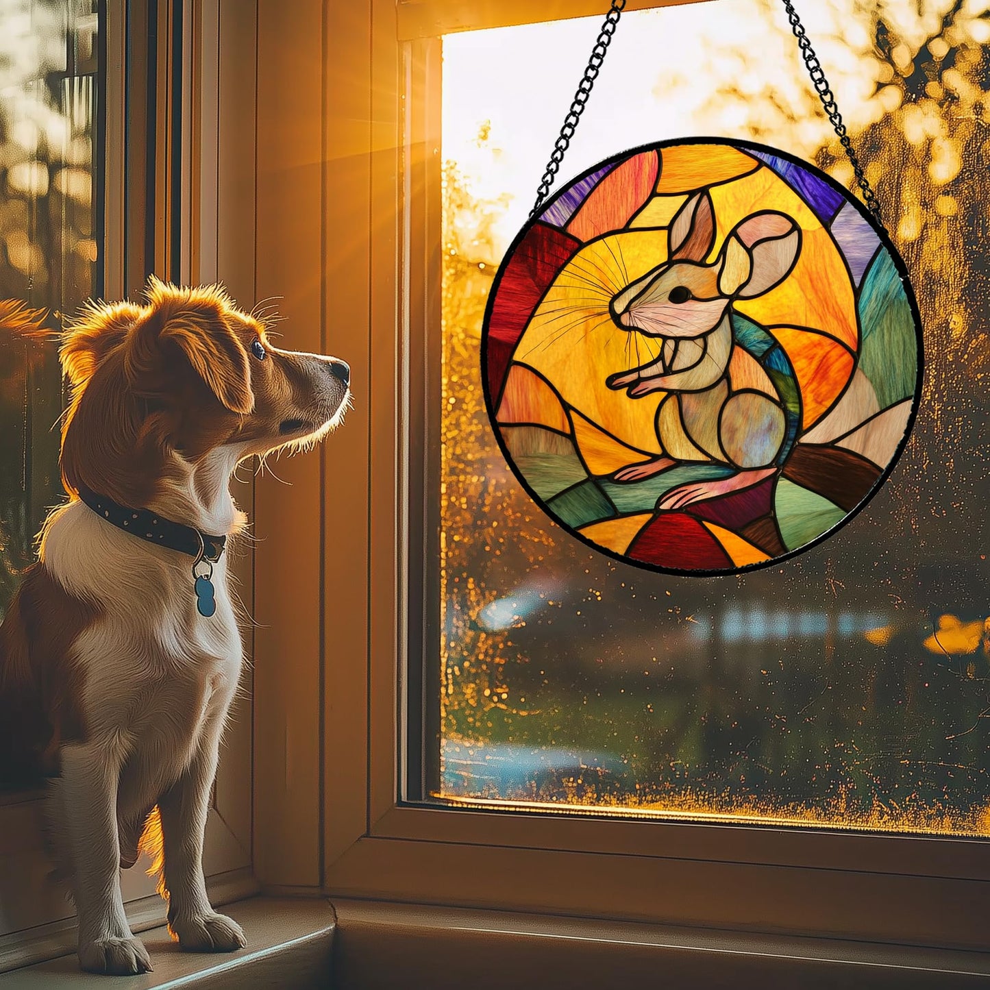 GEFOS Stained Glass Window Hanging Yellow Brown Cute Mouse 7.8" - Suncatcher Door Garden Sunroom Sun Catcher Home Decor Birthday Christmas for Mom Men Woman Nana